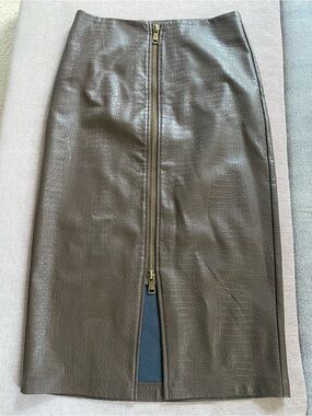 Steve Madden Dark Brown Faux-Leather Croc Pencil Skirt with Front Zip